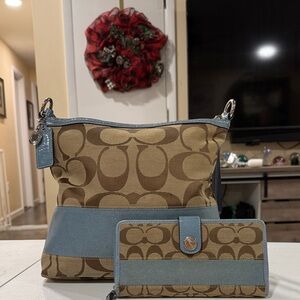 Coach Signature C Tan & Blue Striped Canvas and Leather Shoulder Bag and Wallet